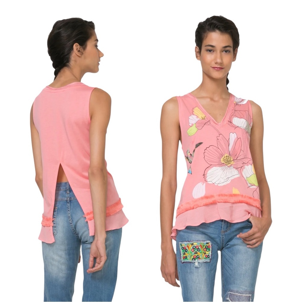 Desigual Marisa Top Peach Floral Women’s Large Split Back Chiffon Ruffle‎